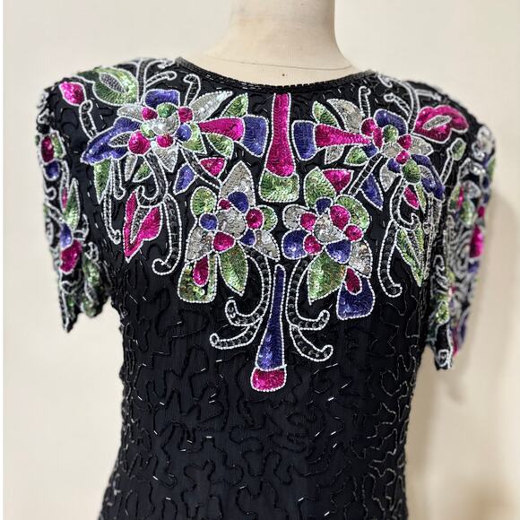 Vintage Black Sequin Beaded Cocktail Dress Floral Short Sleeve 80s/90s Glam Lg - Picture 4 of 11